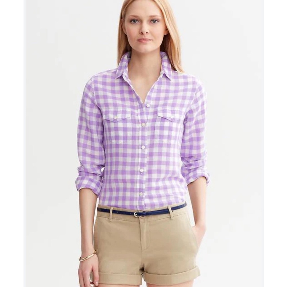 BANANA REPUBLIC Linen Modern Soft-Wash Gingham Preppy Shirt XS Coastal